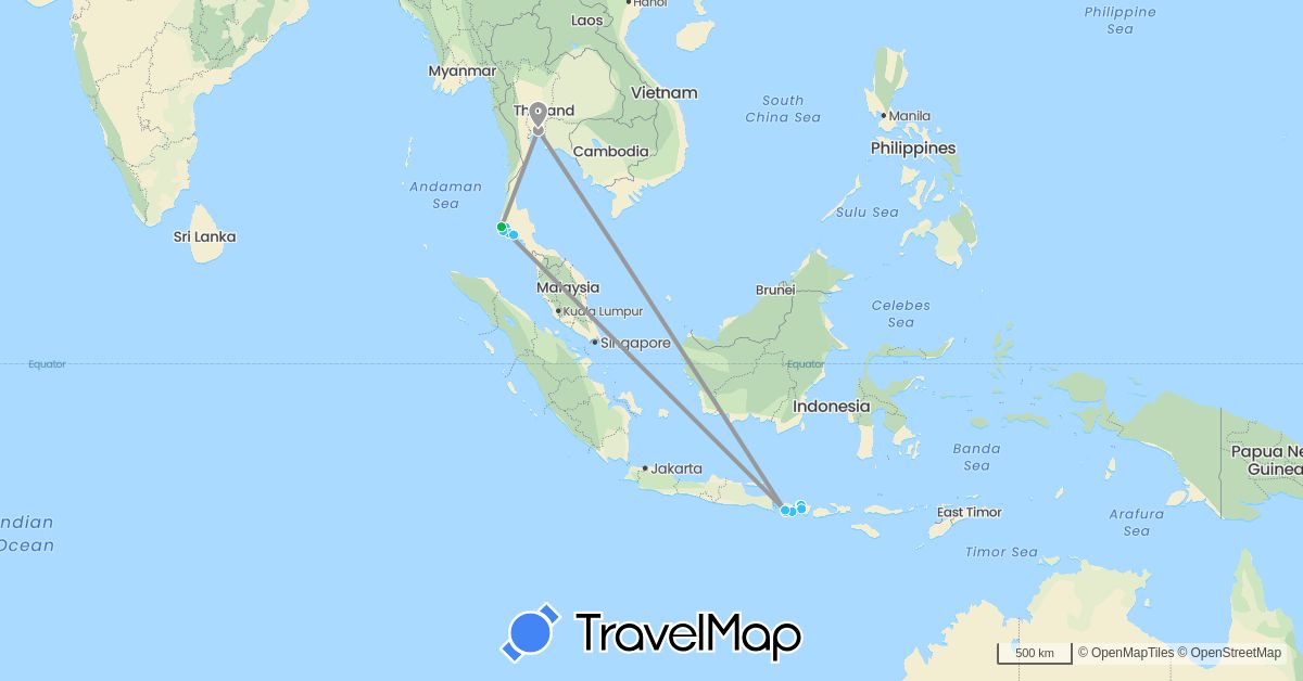 TravelMap itinerary: bus, plane, boat in Indonesia, Thailand (Asia)